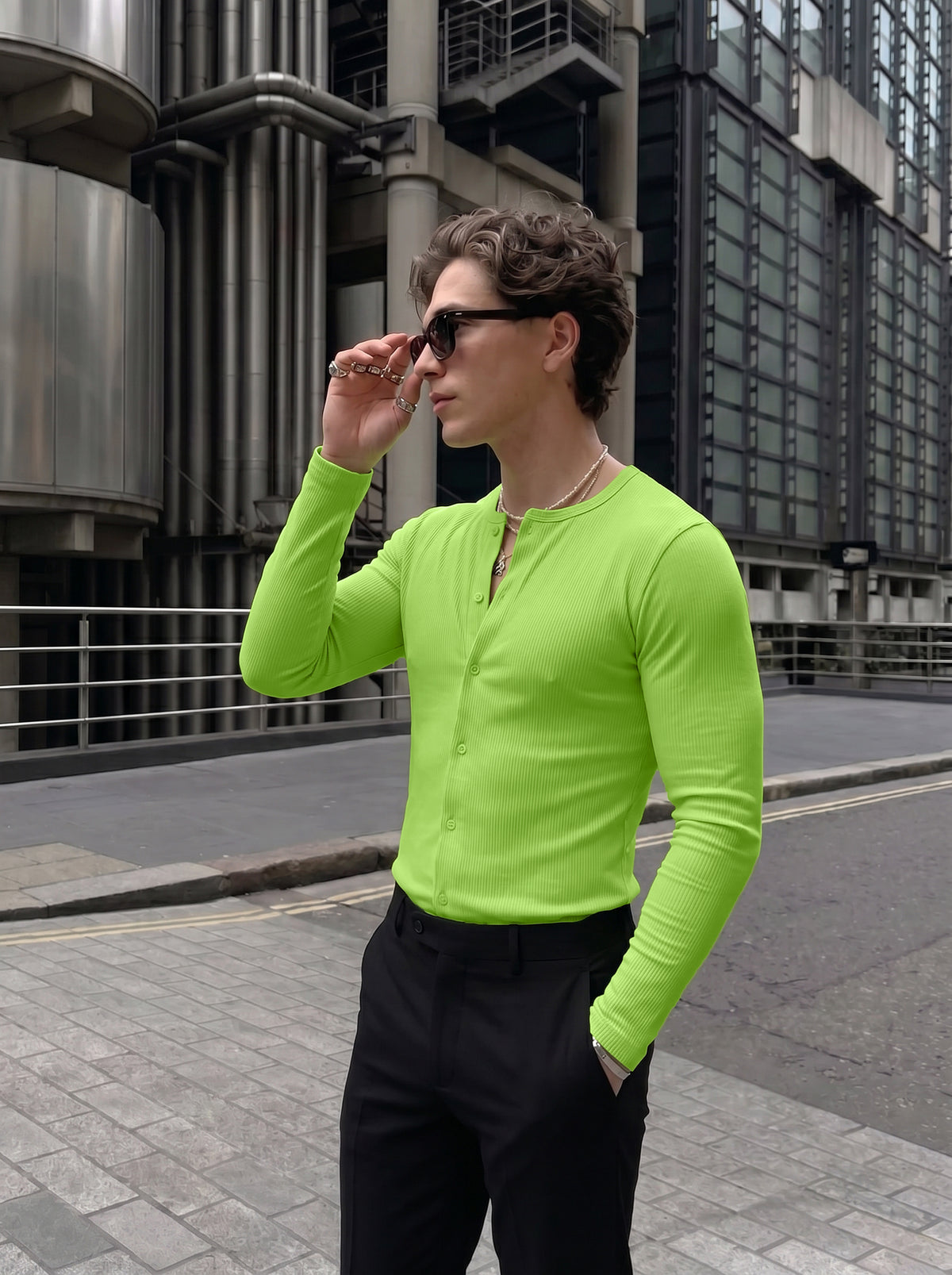 Men's Bold Neon Green Ribbed Button-Down Long-Sleeve Casual Shirt