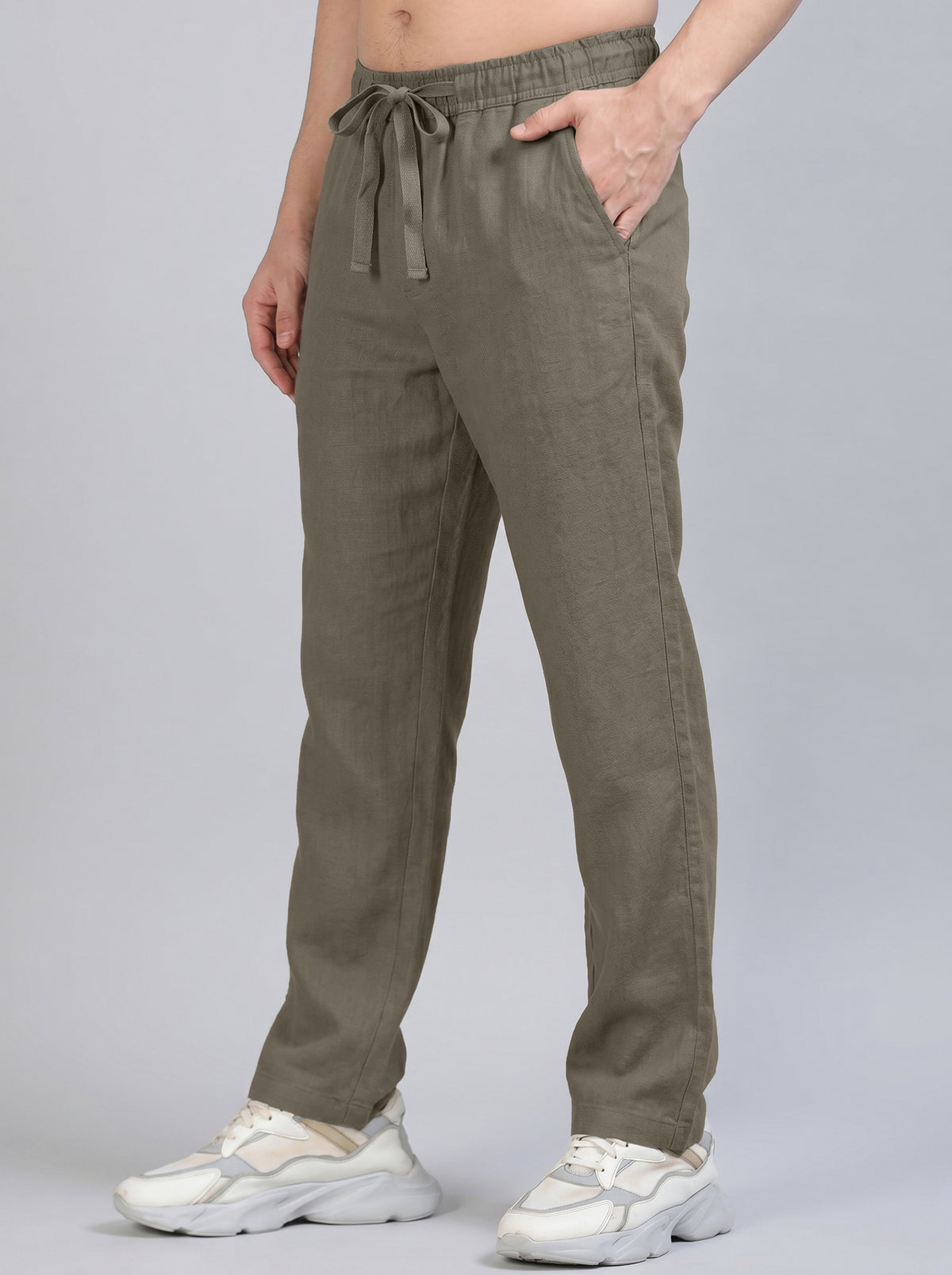 Men's Olive Green Casual Cotton Linen Trousers with Drawstring