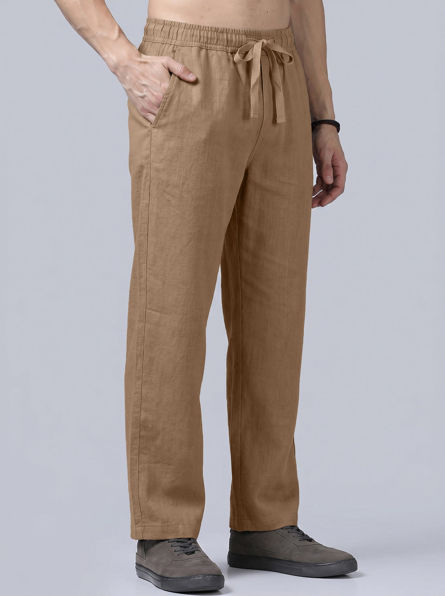 Men's Khaki Casual Cotton Linen Trousers with Drawstring