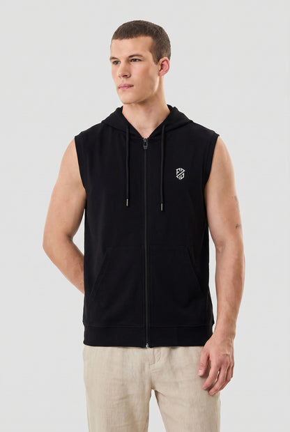Men's Black Sleeveless Zip-Up Hoodie | Casual Gym & Sportswear Vest