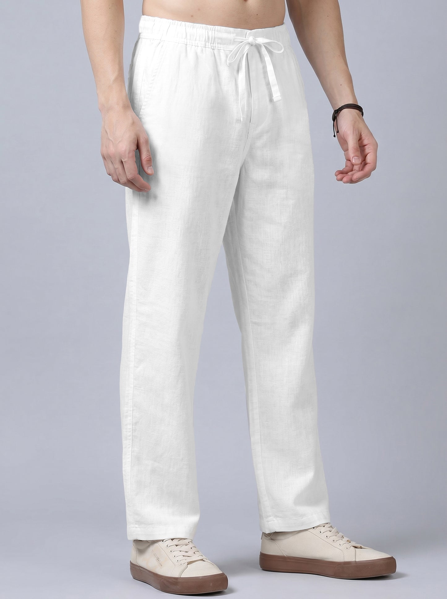Men's Solid White Casual Cotton Linen Trousers with Drawstring