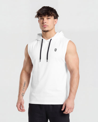 Men's Premium White Sleeveless Hooded T-Shirt | Classic Fit Gym & Streetwear Vest