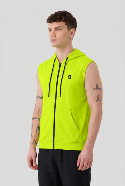 Men's Neon Green Sleeveless Zip-Up Hoodie | Casual Gym & Sportswear Vest