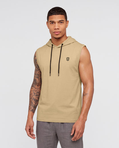 Men's Premium Beige Sleeveless Hooded T-Shirt | Slim Fit Khaki Gym & Streetwear Vest