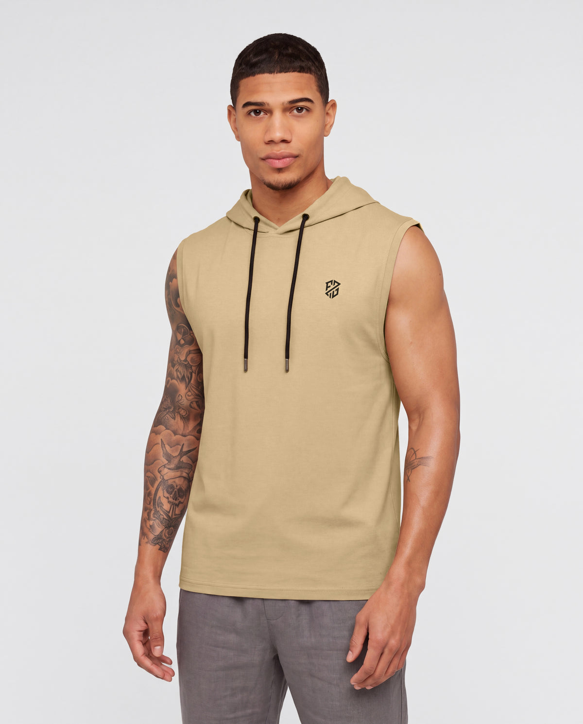 Men's Premium Beige Sleeveless Hooded T-Shirt | Slim Fit Khaki Gym & Streetwear Vest