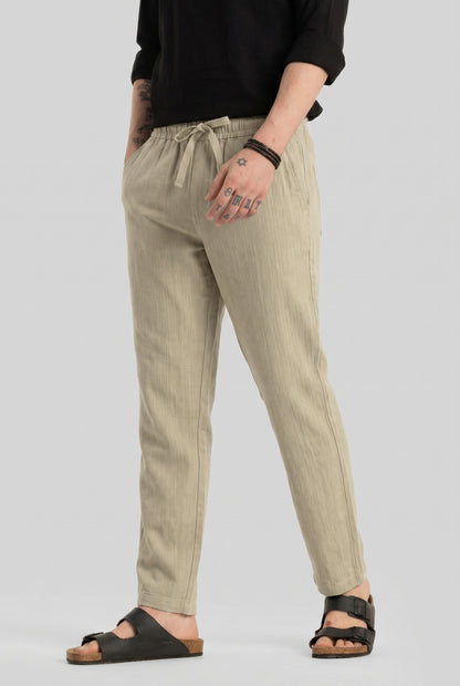 Men's Beige Casual Cotton Linen Trousers with Drawstring