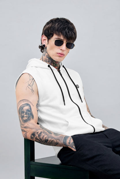 Men's White Sleeveless Zip-Up Hoodie | Casual Gym & Sportswear Vest