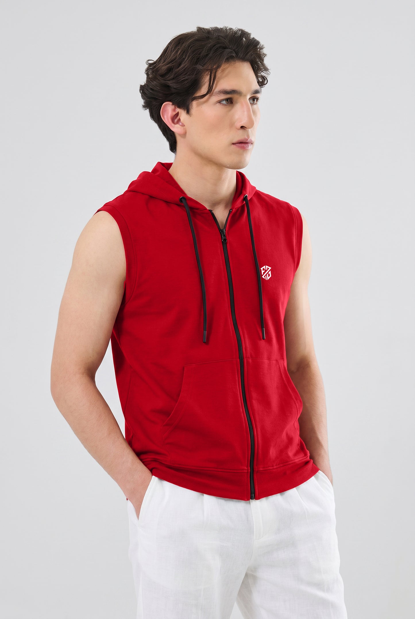 Men's Red Sleeveless Zip-Up Hoodie | Casual Gym & Sportswear Vest
