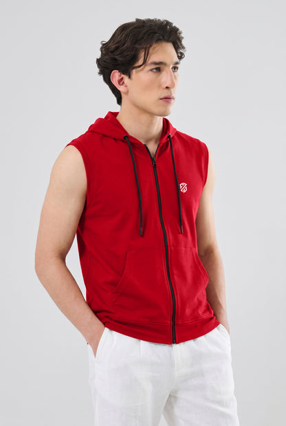 Men's Red Sleeveless Zip-Up Hoodie | Casual Gym & Sportswear Vest