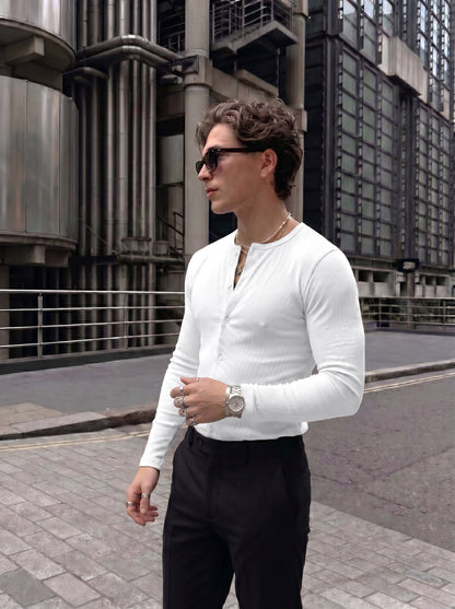 Men's Minimalist Crisp White Ribbed Cotton Open-Front Casual Shirt