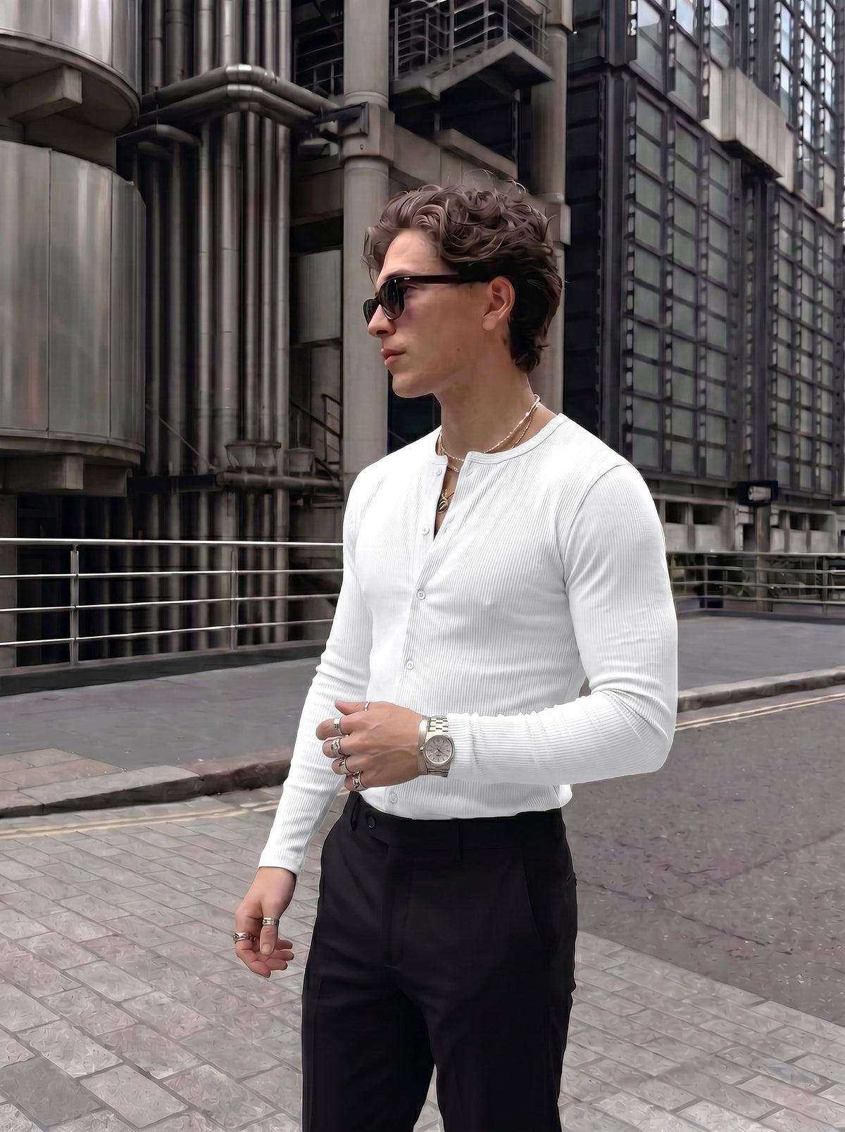 Men's Minimalist Crisp White Ribbed Cotton Open-Front Casual Shirt