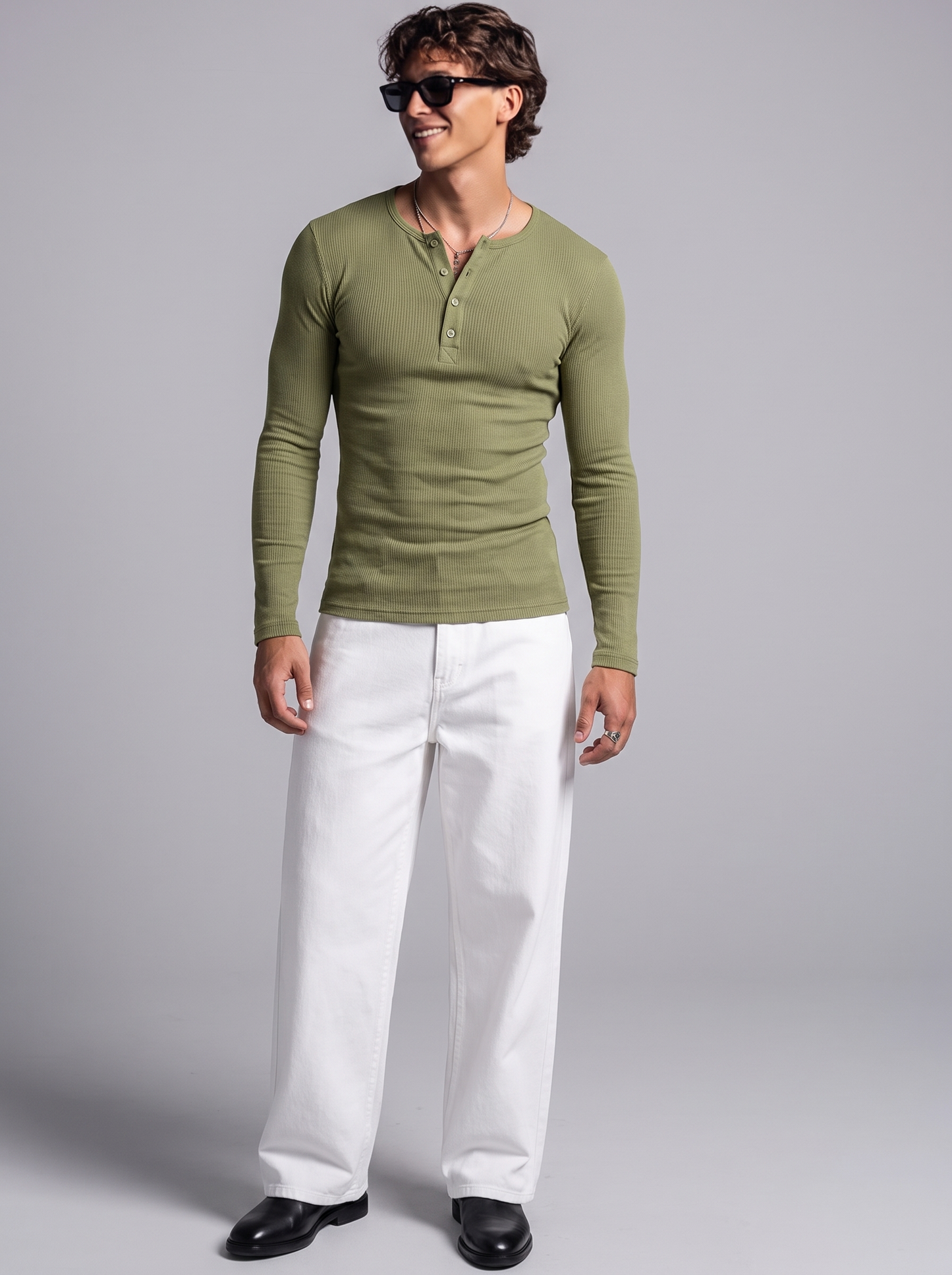 Men’s Luxury Waffle-Knit Henley – Sage Olive Relaxed Fit