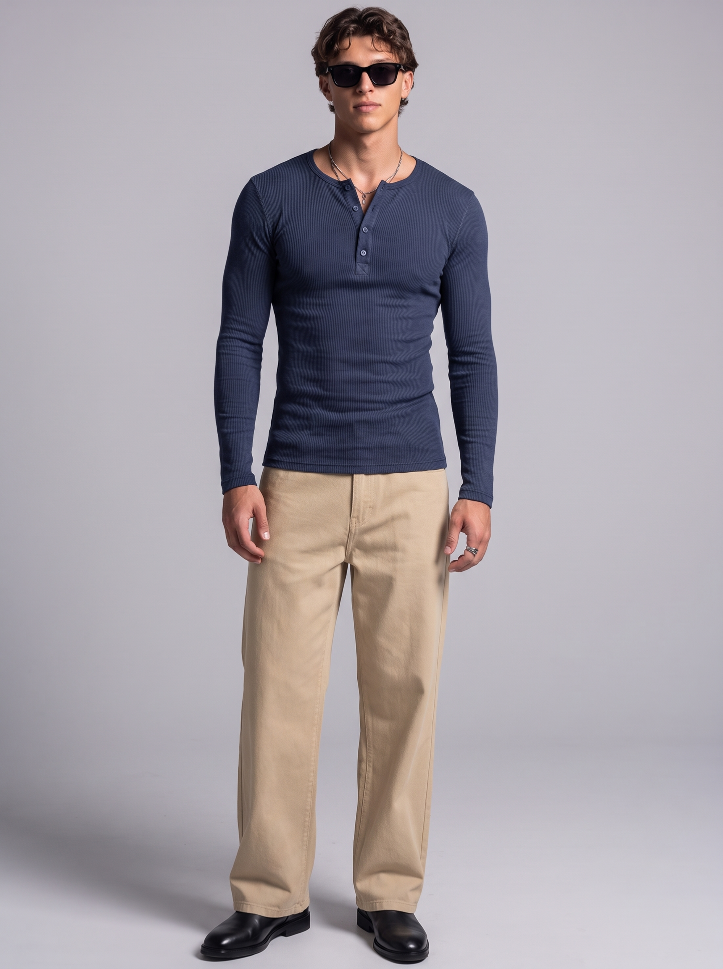 Men's Navy Blue Waffle Knit Henley – Long Sleeve Thermal Slim Fit Top