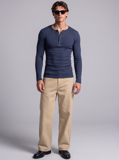 Men's Navy Blue Waffle Knit Henley – Long Sleeve Thermal Slim Fit Top