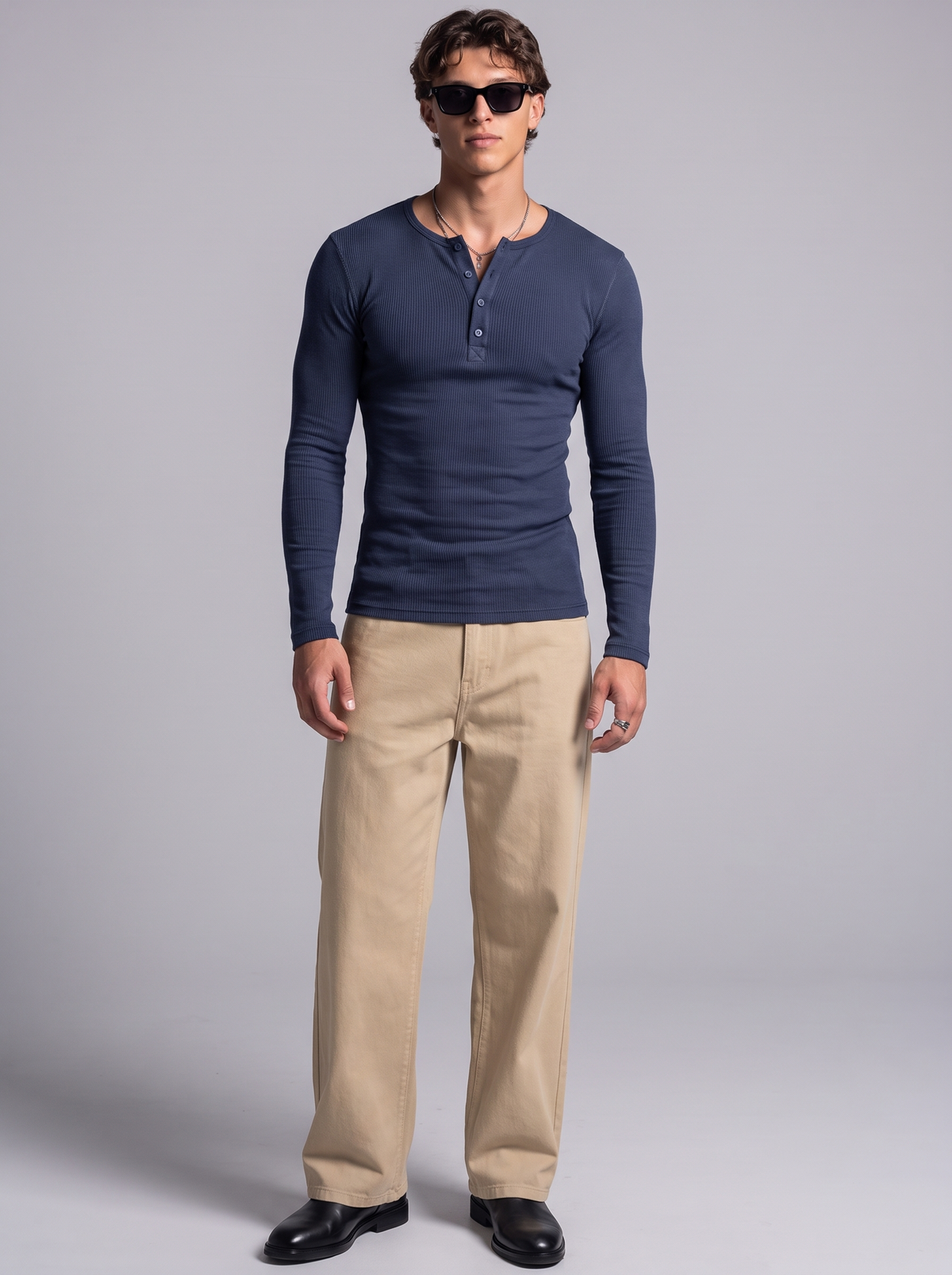 Men's Navy Blue Waffle Knit Henley – Long Sleeve Thermal Slim Fit Top