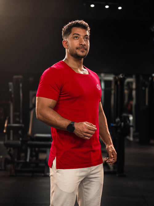 Square-Neck Stretchable Slim-Fit Red T-Shirt for Men