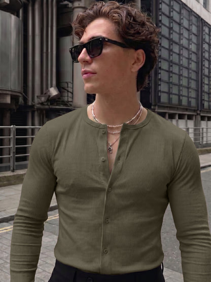 Men's Premium Olive Green Ribbed Casual Henley Shirt