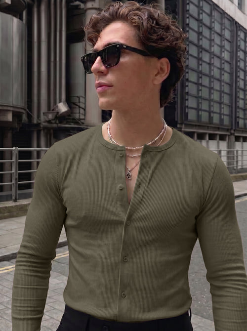 Men's Premium Olive Green Ribbed Casual Henley Shirt