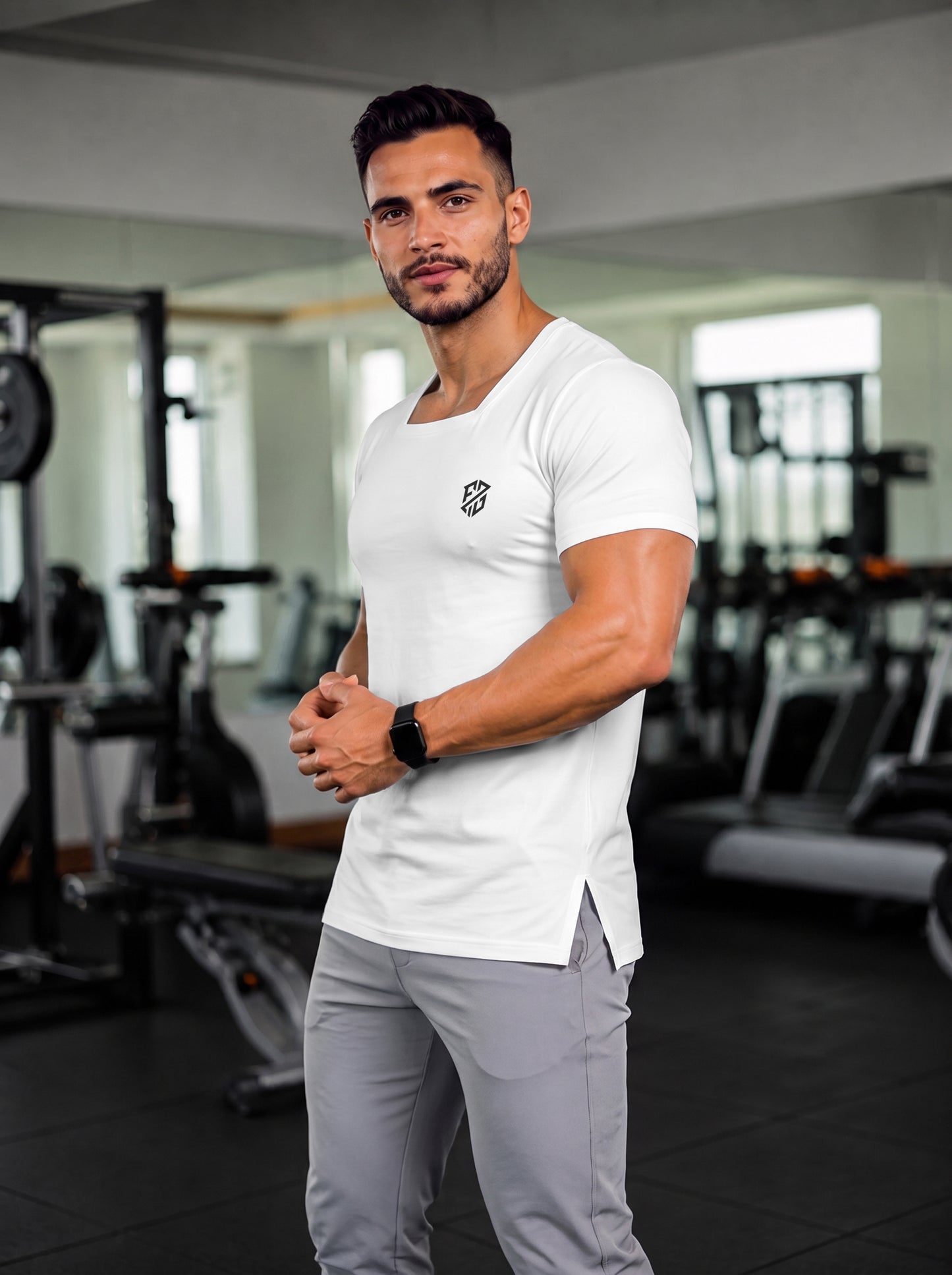 Men's White Square-Neck Muscle-Fit Gym T-Shirt