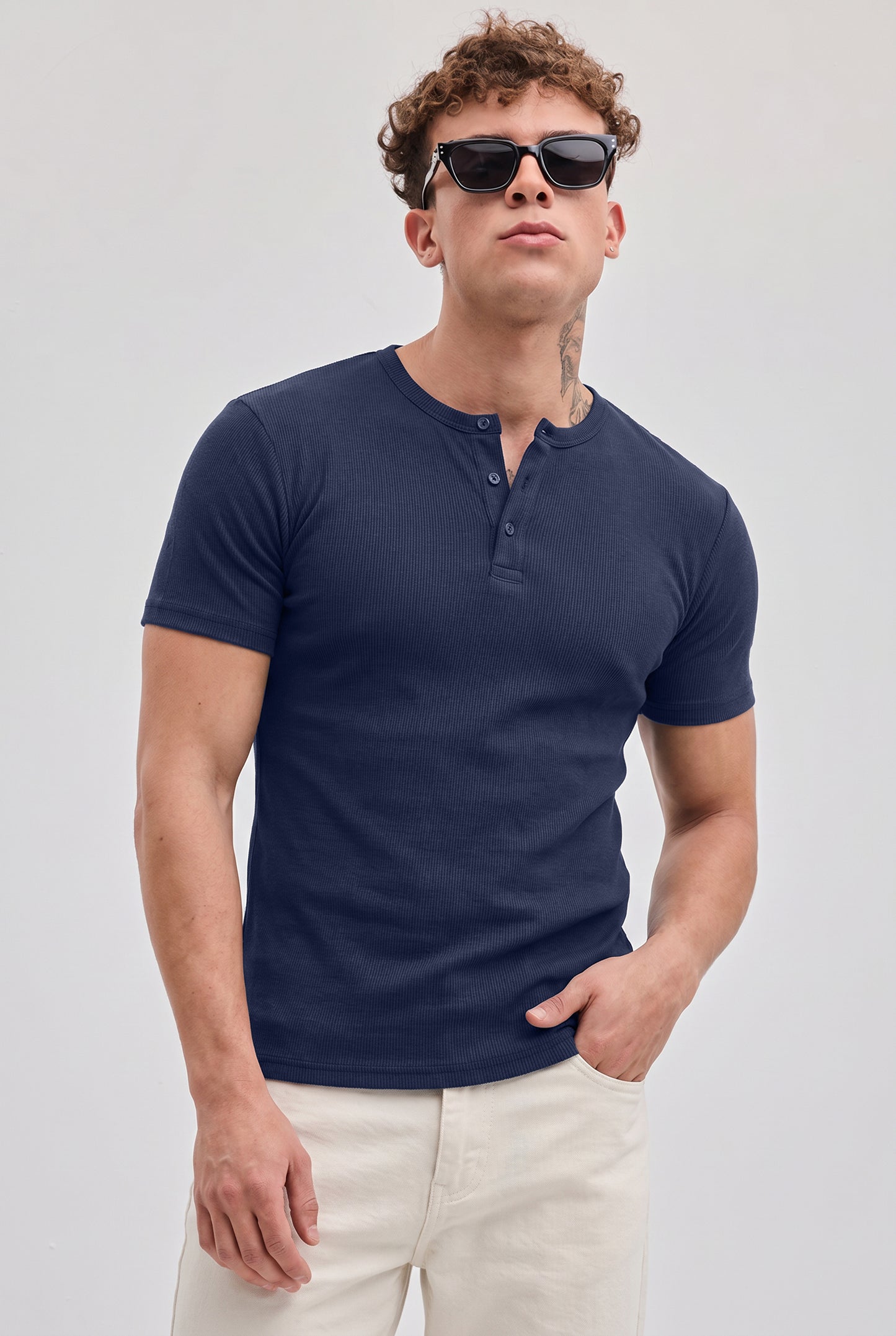 Men Solid Round Neck Button Placket Ribbed Blue Henley T-Shirt