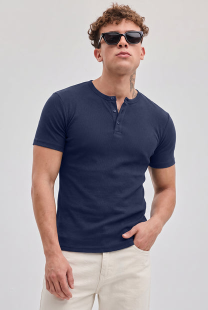 Men Solid Round Neck Button Placket Ribbed Blue Henley T-Shirt
