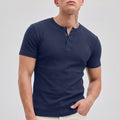 Men Solid Round Neck Button Placket Ribbed Blue Henley T-Shirt