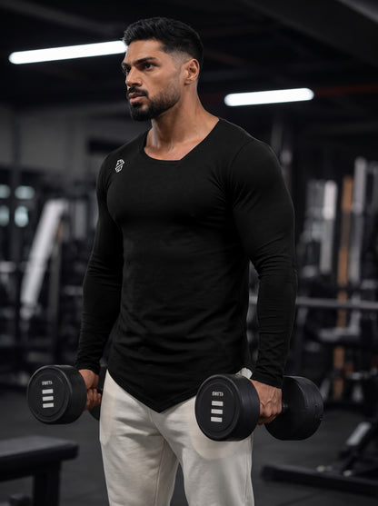 Men's Stealth Black Long Sleeve Pointed-Hem Workout Tee