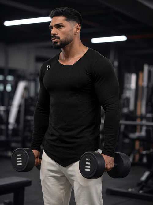 Men's Stealth Black Long Sleeve Pointed-Hem Workout Tee