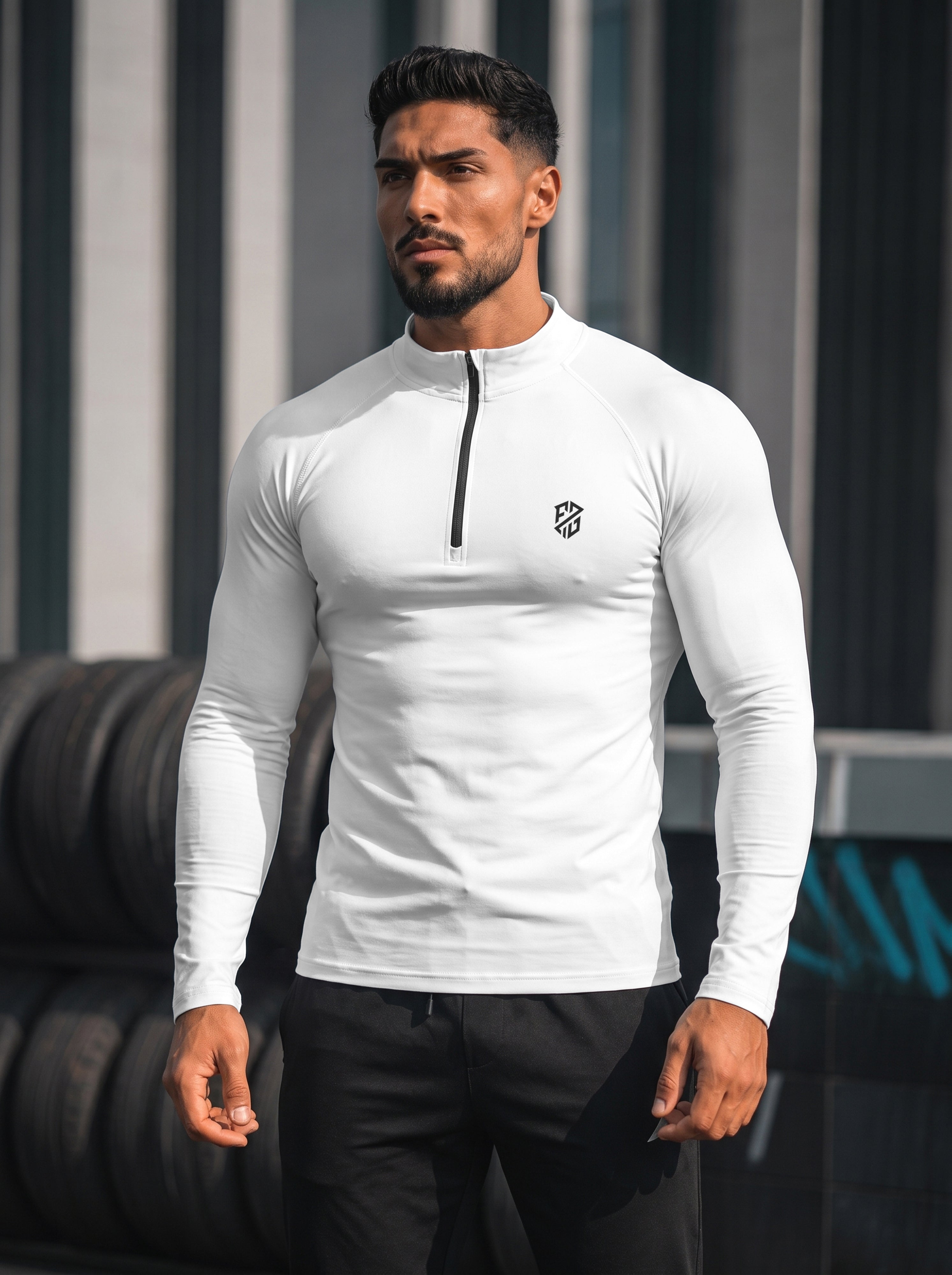Men’s Performance 1/4 Zip Long Sleeve Gym Pullover – White