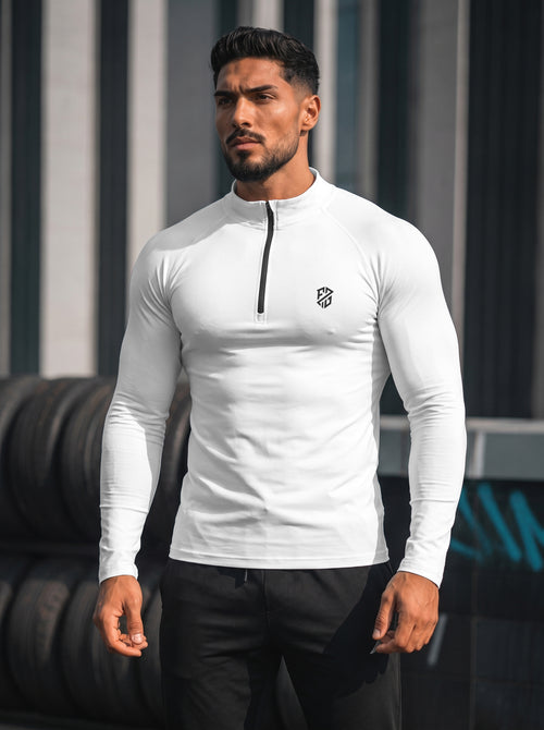Men’s Performance 1/4 Zip Long Sleeve Gym Pullover – White