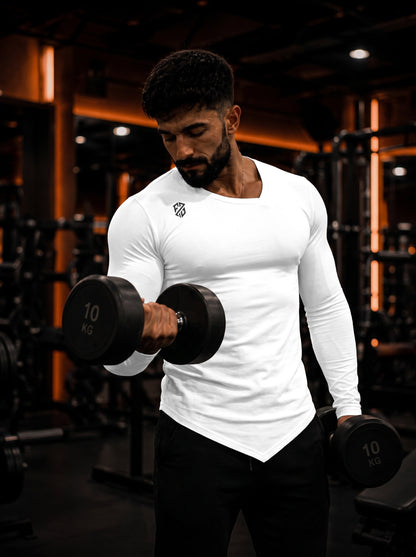Men's White Full Sleeve Muscle-Fit Gym T-Shirt