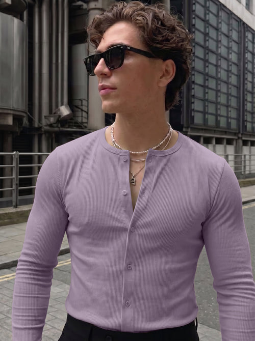 Premium Lavender Ribbed Henley Full-Sleeve T-Shirt for Men