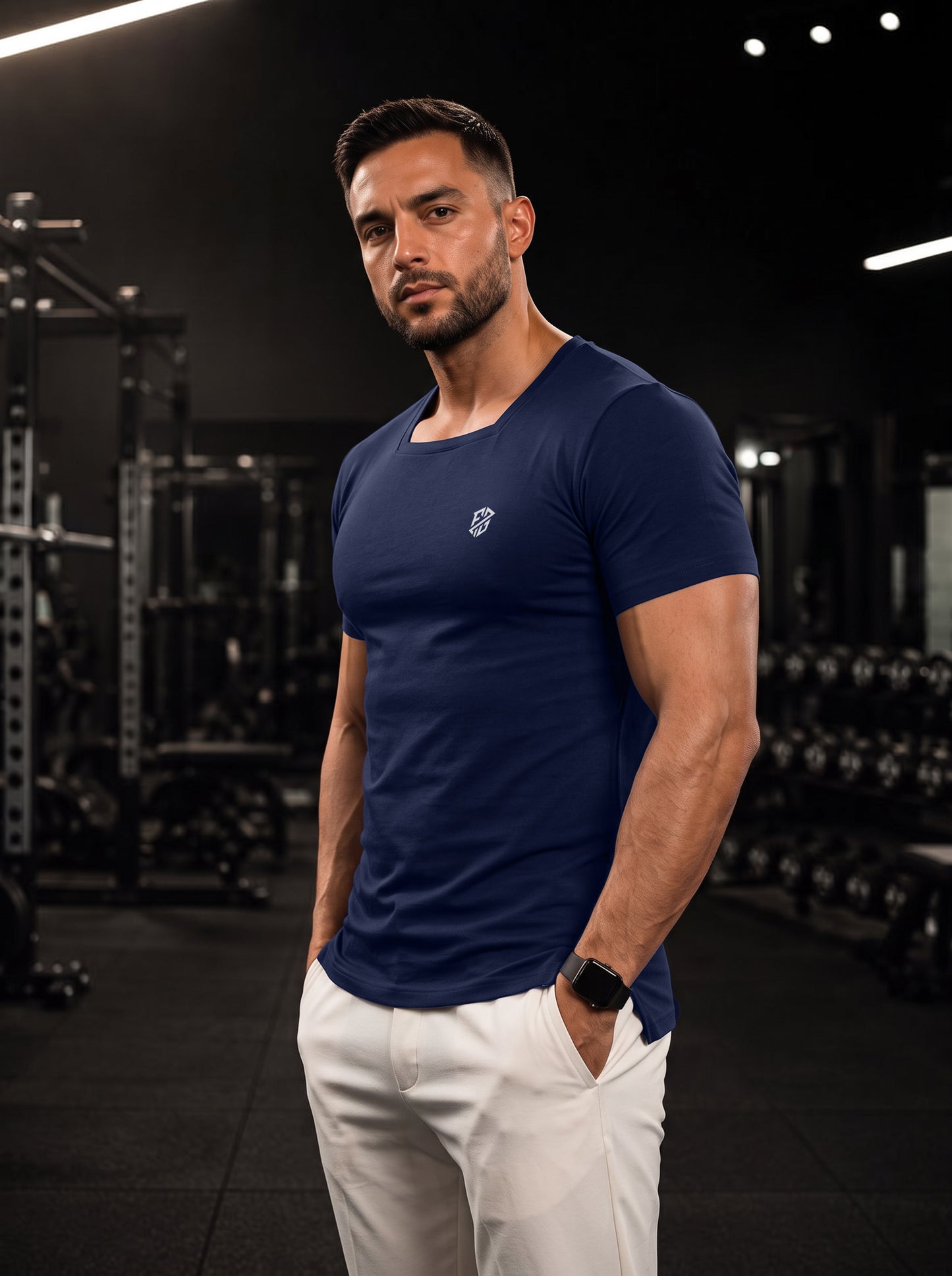 Men's Navy Blue Square-Neck Muscle-Fit Gym T-Shirt