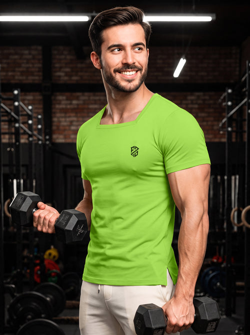 Men's Kiwi Green Square-Neck Muscle-Fit Gym T-Shirt