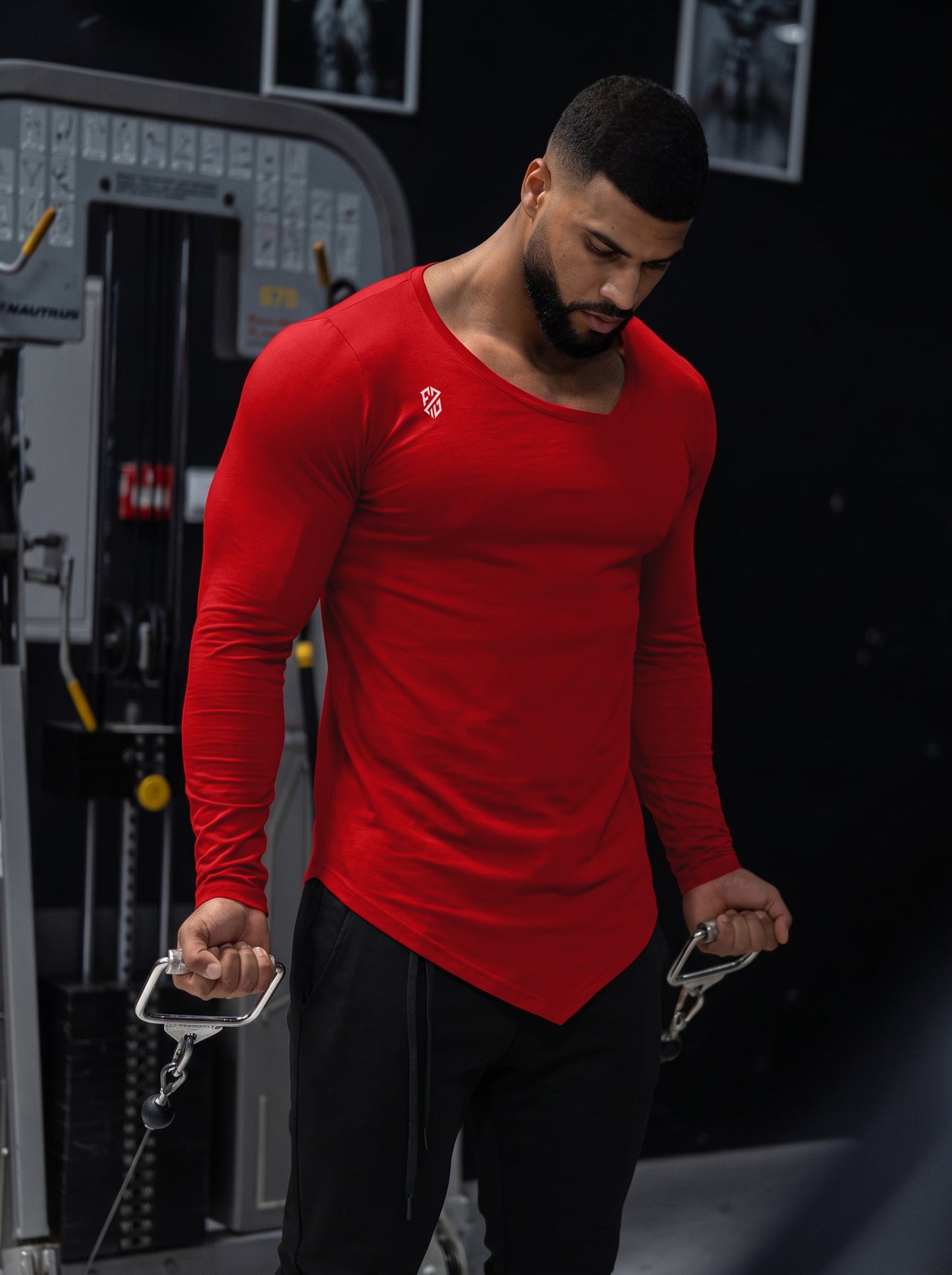 Red V-Cut Hem Slim-Fit Full Sleeve Athletic T-Shirt