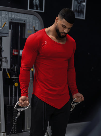 Red V-Cut Hem Slim-Fit Full Sleeve Athletic T-Shirt