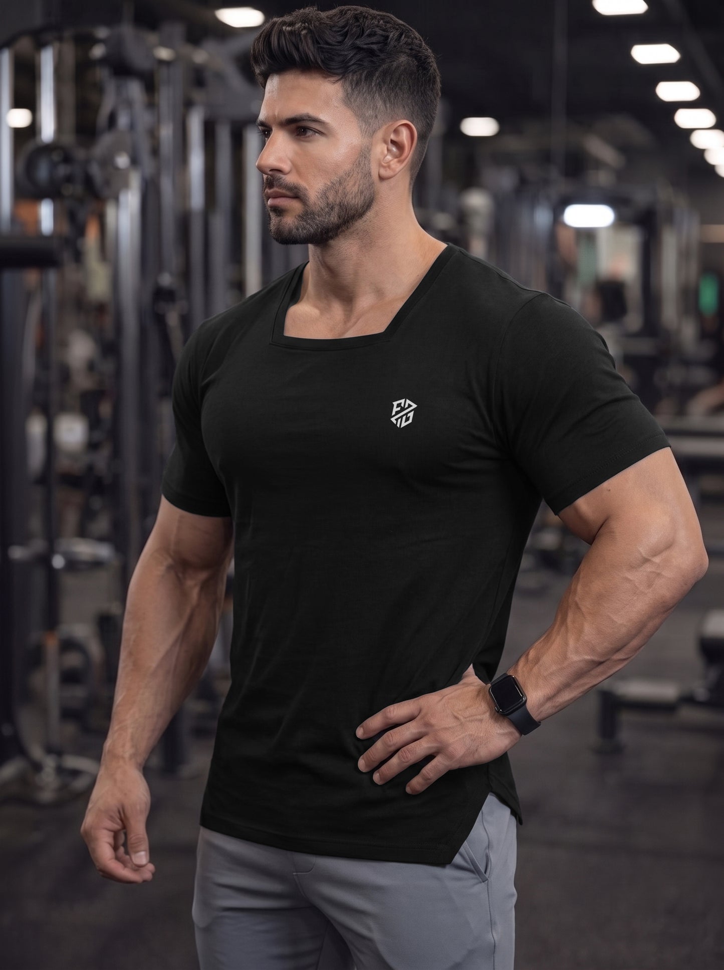 Men's Black Square-Neck Muscle-Fit Gym T-Shirt