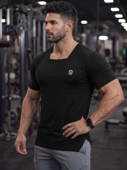 Men's Black Square-Neck Muscle-Fit Gym T-Shirt