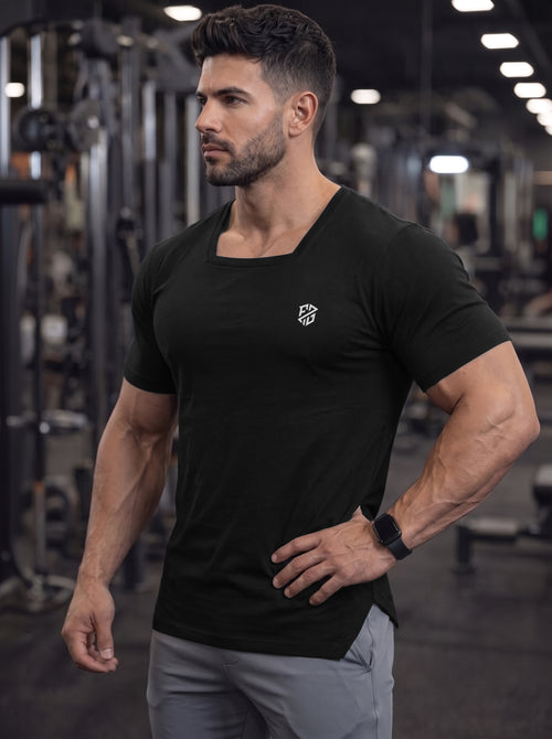 Men's Black Square-Neck Muscle-Fit Gym T-Shirt