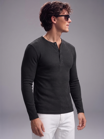 Men's Jet Black Waffle Knit Henley – Long Sleeve Slim Fit Thermal Top