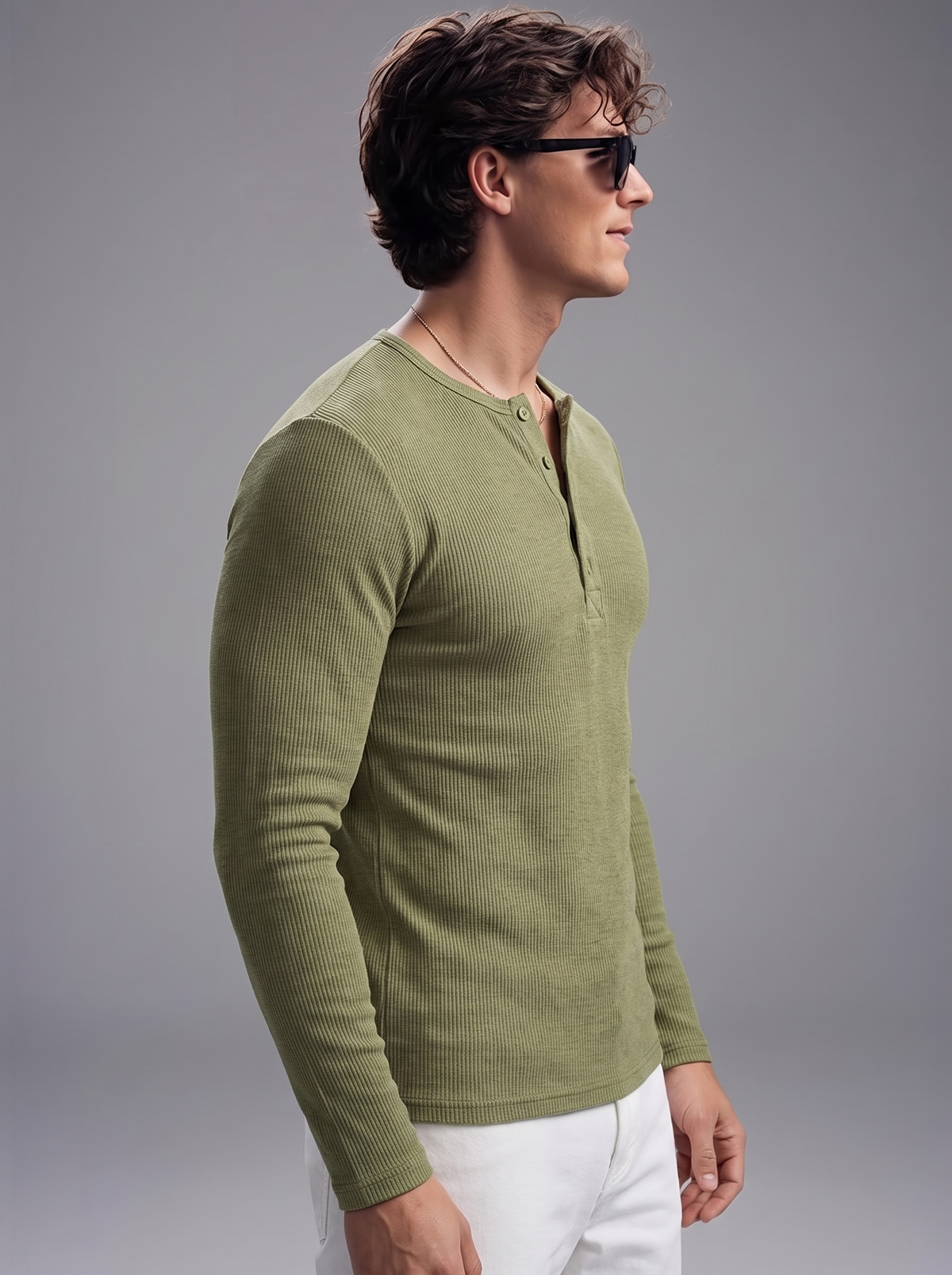 Men’s Luxury Waffle-Knit Henley – Sage Olive Relaxed Fit