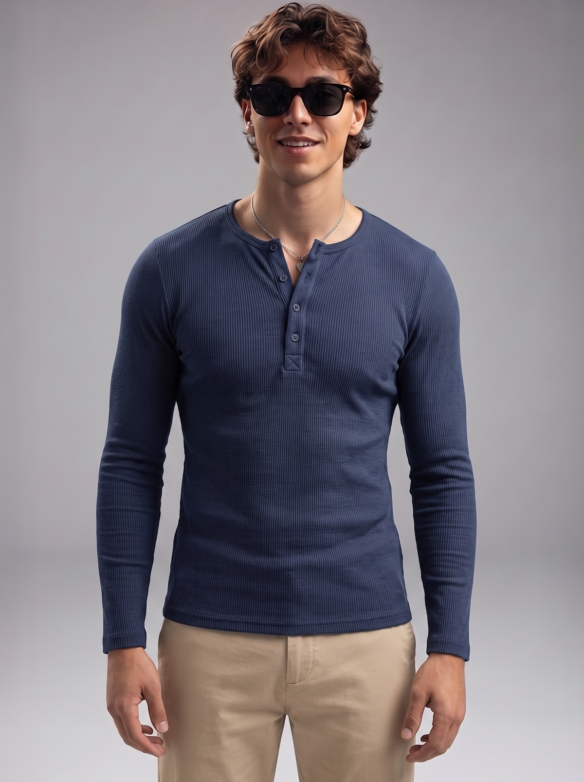 Men's Navy Blue Waffle Knit Henley – Long Sleeve Thermal Slim Fit Top