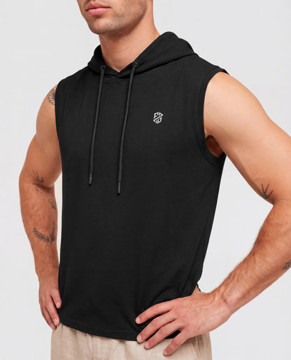 Men's Premium Black Sleeveless Hooded T-Shirt | Casual Slim Fit Gym & Streetwear Vest