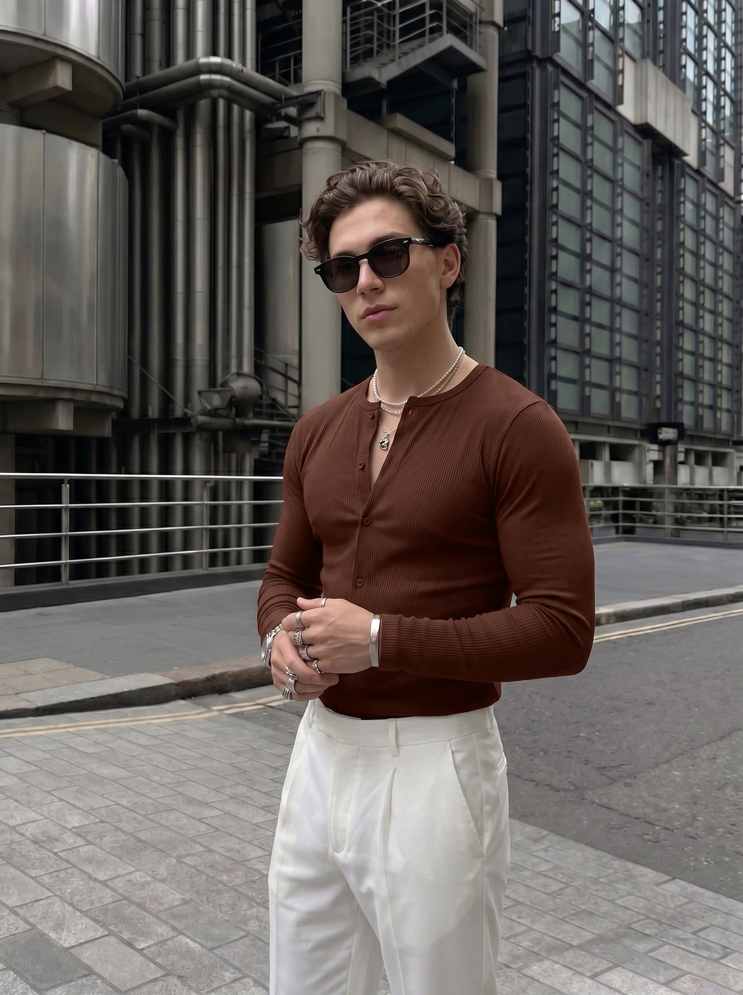 Men's Luxe Coffee Brown Ribbed Cotton Buttoned Casual Shirt