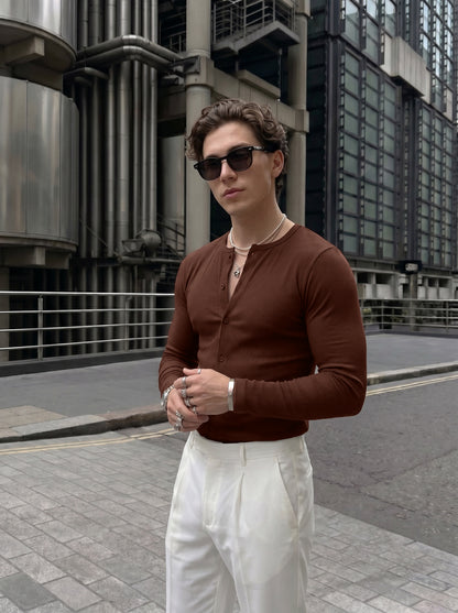 Men's Luxe Coffee Brown Ribbed Cotton Buttoned Casual Shirt