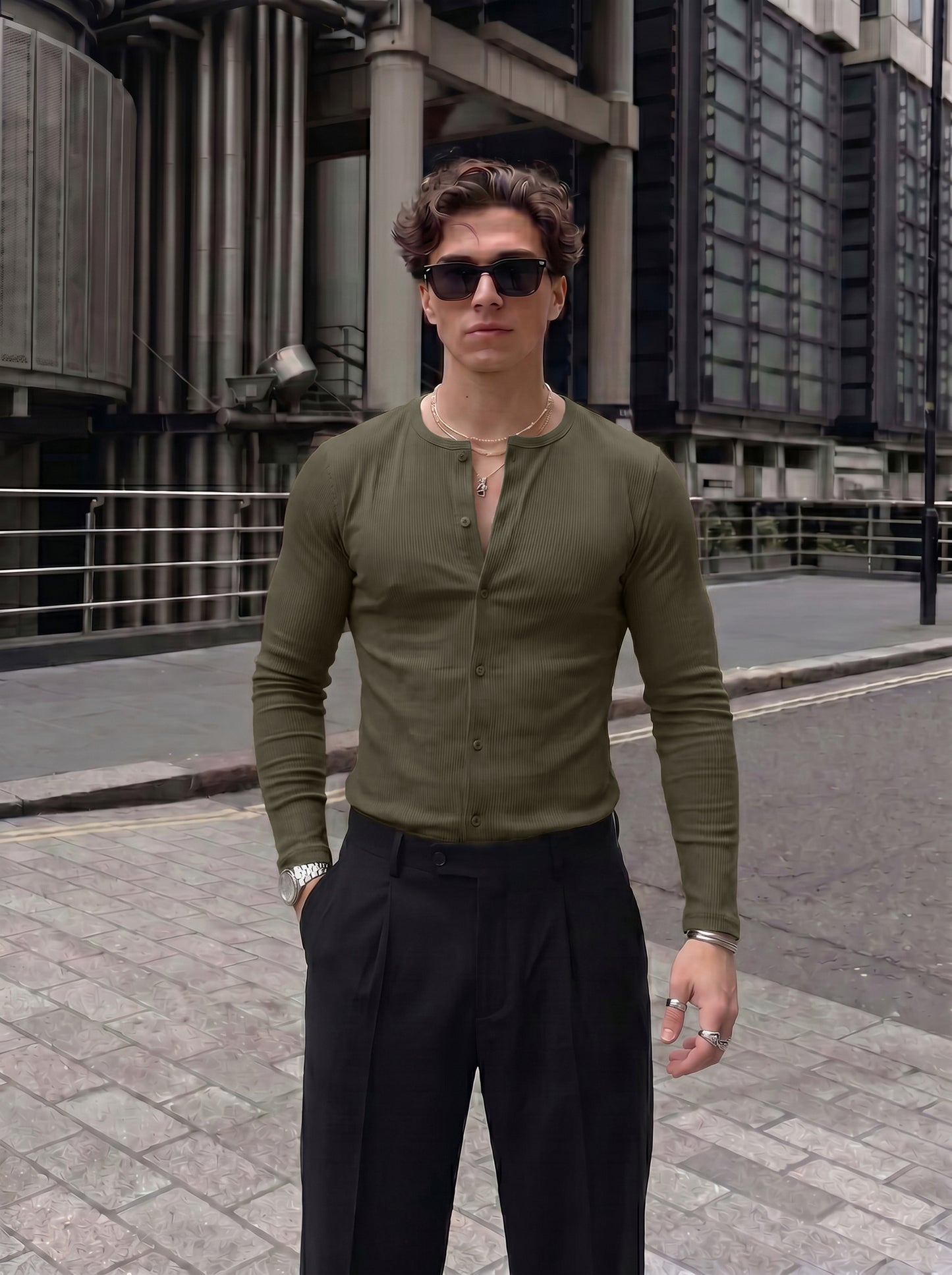 Men's Premium Olive Green Ribbed Casual Henley Shirt