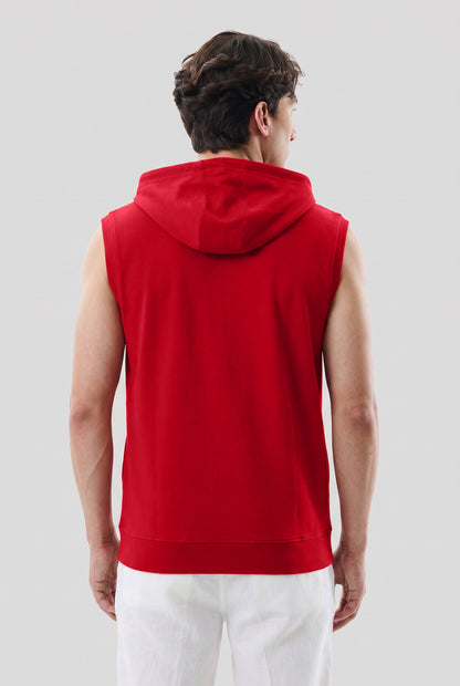 Men's Red Sleeveless Zip-Up Hoodie | Casual Gym & Sportswear Vest