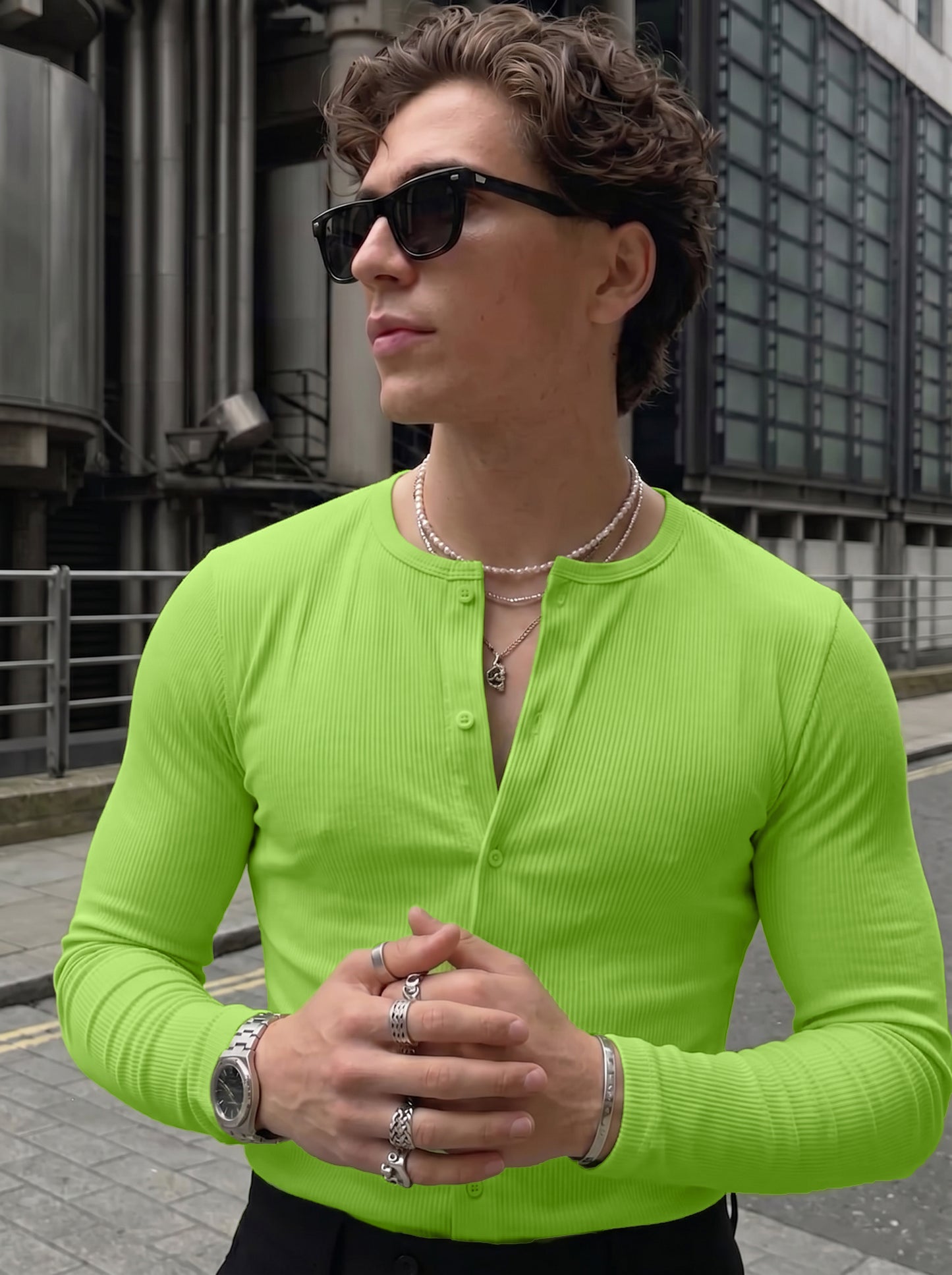 Men's Bold Neon Green Ribbed Button-Down Long-Sleeve Casual Shirt