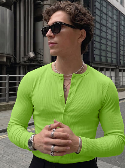 Men's Bold Neon Green Ribbed Button-Down Long-Sleeve Casual Shirt