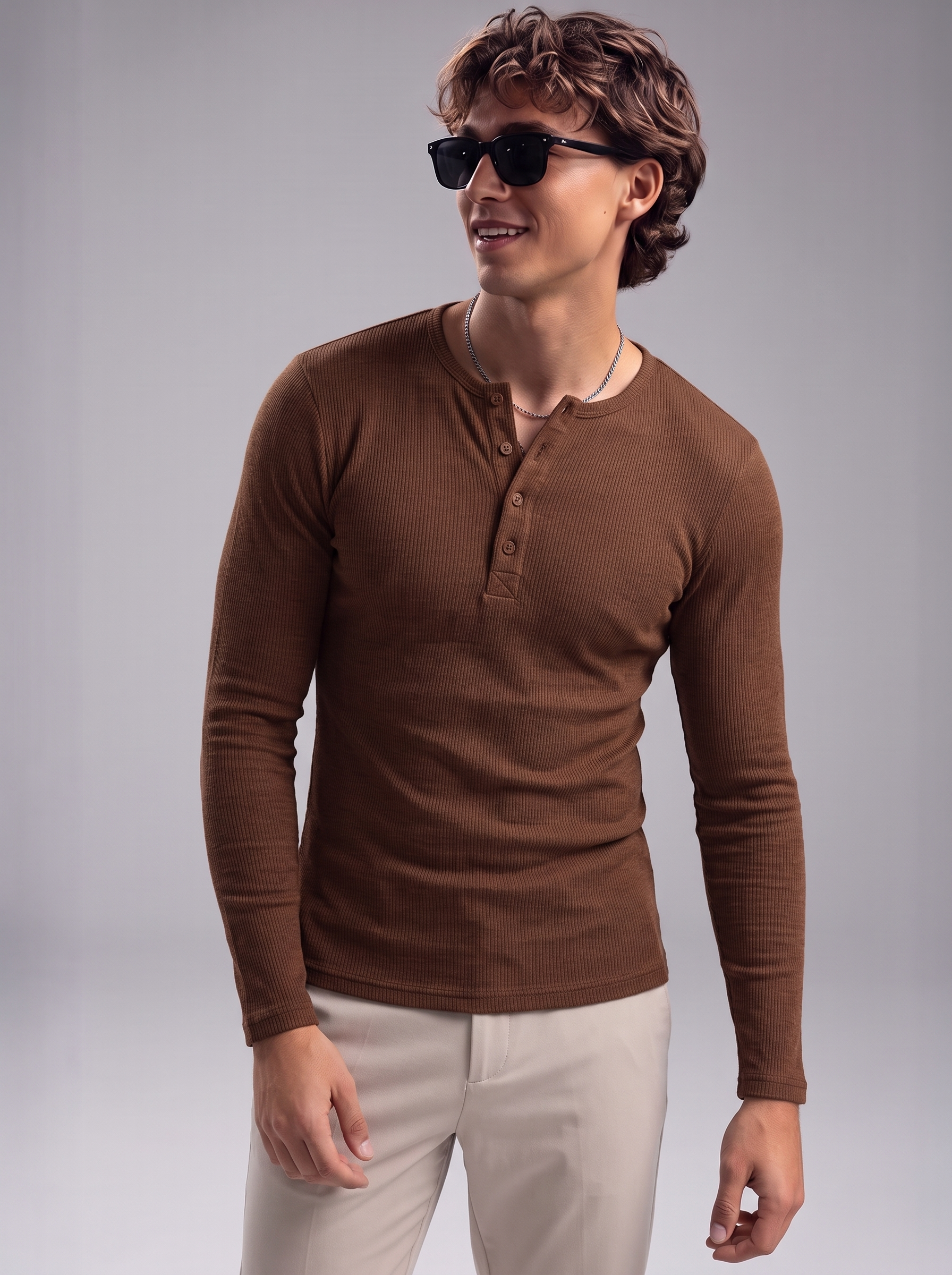 Men's Brown Waffle Knit Henley – Long Sleeve Thermal Slim Fit Top
